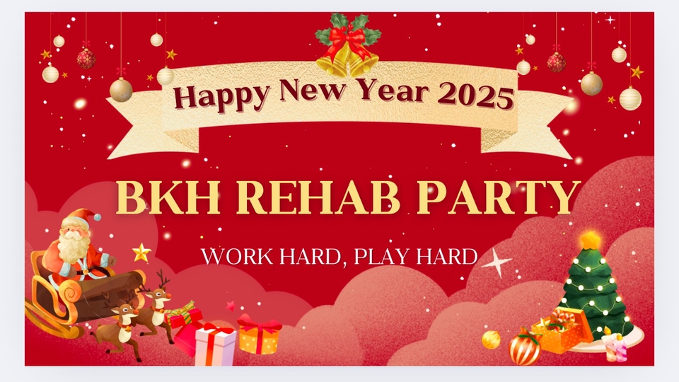 รับออกแบบแบนเนอร์ facebook: ออกแบบแบนเนอร์สีแดงสำหรับงานเลี้ยงปีใหม่ 2025 ของ BKH Rehab Party ตกแต่งด้วยซานตาคลอสและของขวัญ เหมาะสำหรับแบนเนอร์โซเชียลมีเดีย ออกแบบ banner น่ารักๆ งานเทศกาล, รับทำ banner, banner ปีใหม่.
