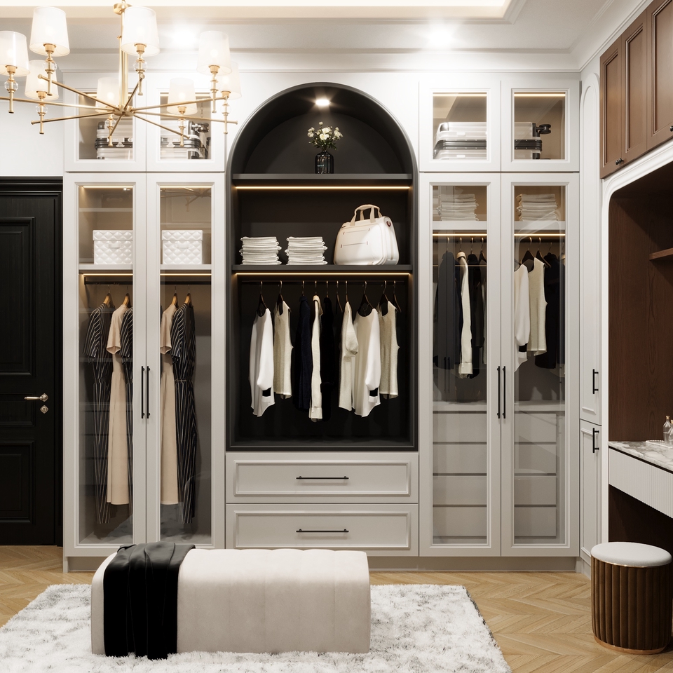 รับออกแบบตกแต่งภายใน ตู้เสื้อผ้าบิวท์อินสวยงามในห้องแต่งตัว โทนสีขาวสว่าง พร้อมการจัดเก็บที่เป็นระเบียบเรียบร้อย เหมาะสำหรับผู้ที่ต้องการรีโนเวทคอนโดหรือออกแบบบ้านใหม่ให้สวยงามและใช้งานได้จริง ออกแบบตกแต่งภายใน ออกแบบตู้เสื้อผ้า built in