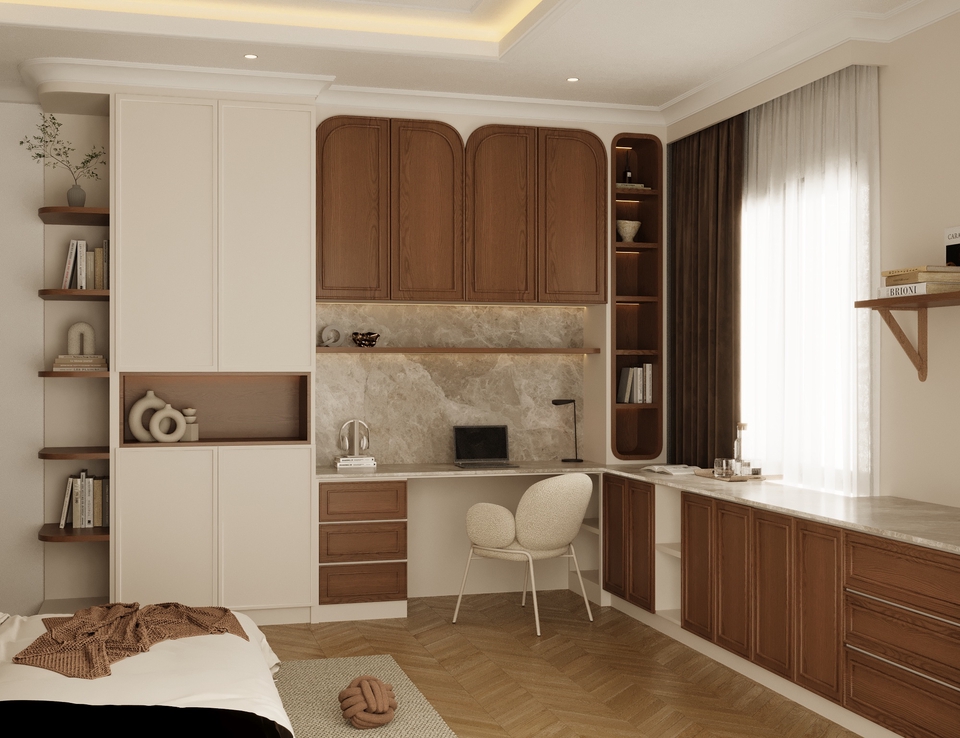 รับออกแบบตกแต่งภายใน ห้องทำงานสวย ทันสมัย มีตู้เก็บของและโต๊ะทำงานขนาดใหญ่ พร้อมหน้าต่างขนาดใหญ่ รับออกแบบบ้าน ออกแบบตกแต่งภายใน รีโนเวทบ้าน ออกแบบเฟอร์นิเจอร์ ตกแต่งภายในบ้าน ออกแบบสำนักงาน