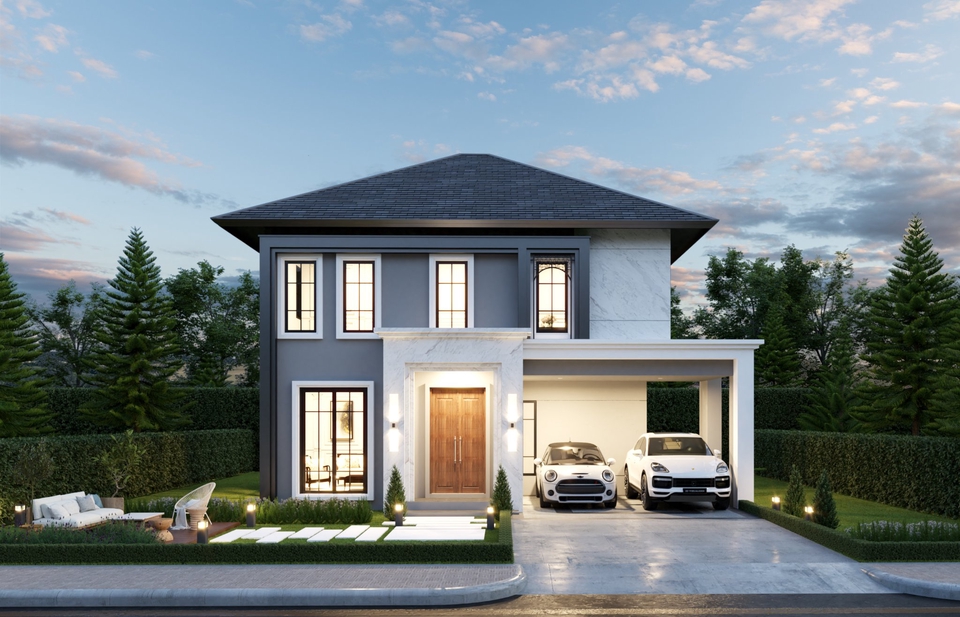 รับออกแบบบ้านหรูสไตล์โมเดิร์นสองชั้นพร้อมโรงจอดรถ ดีไซน์ทันสมัย มีรถยนต์จอดในโรงรถและทางเข้าบ้านสวยงาม พร้อมบริการ รับออกแบบตกแต่งภายใน ออกแบบบ้าน ออกแบบรีโนเวทบ้าน รีโนเวทบ้าน บ้านสวยงาม เฟอร์นิเจอร์ครบครัน