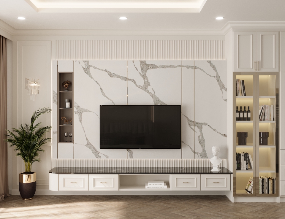 รับออกแบบตกแต่งภายในบ้าน หรูหรา ทันสมัย ผนังลายหินอ่อนสวยงาม พร้อมทีวีขนาดใหญ่และชั้นวางของ ออกแบบและตกแต่งภายใน, ตกแต่งบ้าน, ออกแบบบ้าน, รีโนเวทบ้าน, ตกแต่งภายใน, ออกแบบคอนโด