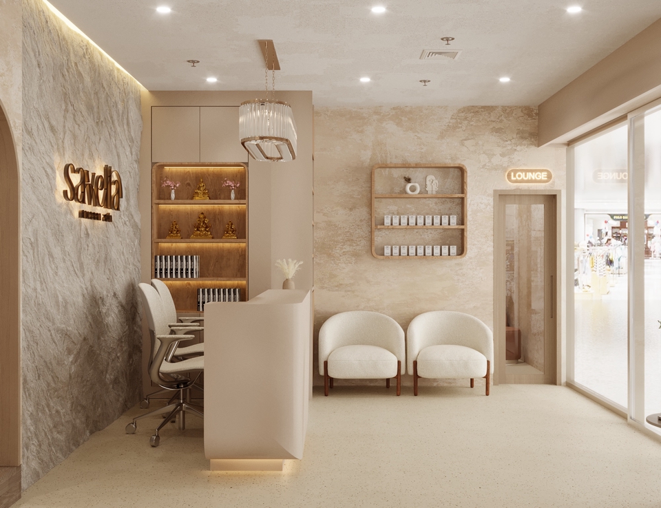 รับออกแบบตกแต่งภายใน ภาพตกแต่งภายในร้านเสริมสวยทันสมัย โทนสีอบอุ่น พร้อมเคาน์เตอร์ต้อนรับเก๋ ๆ เก้าอี้รอรับแขกสวยงาม รับออกแบบร้านค้า ออกแบบตกแต่งร้าน รับรีโนเวทร้านเสริมสวย ออกแบบภายในร้าน