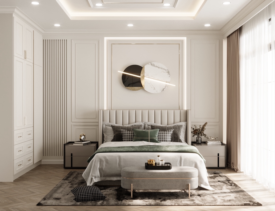 รับออกแบบภายในห้องนอนสวยหรู โทนสีอบอุ่น พร้อมเตียงนอนขนาดใหญ่ ตกแต่งผนังเรียบง่ายสไตล์มินิมอล พร้อมตู้เสื้อผ้าบิวท์อิน ดีไซน์เรียบหรู เหมาะสำหรับ รับออกแบบตกแต่งภายใน ออกแบบตกแต่งบ้าน รีโนเวทบ้าน renovate บ้าน ออกแบบบ้าน