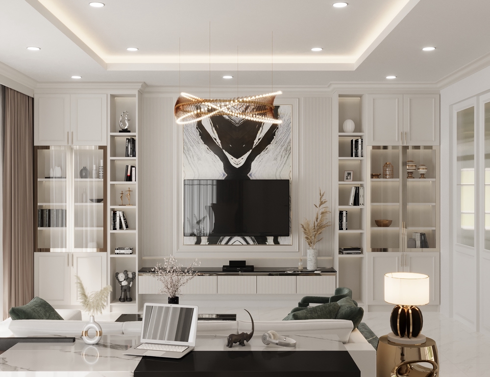 รับออกแบบตกแต่งภายใน ภาพถ่ายห้องนั่งเล่นหรูหราพร้อมเฟอร์นิเจอร์ทันสมัย โคมไฟสวยงาม และการจัดแสงที่ลงตัว เหมาะสำหรับผู้ที่กำลังมองหาการรีโนเวทคอนโดหรือออกแบบบ้านใหม่ บริการออกแบบภายใน, ตกแต่งภายใน, ออกแบบบ้าน, รีโนเวทคอนโด, ตกแต่งคอนโด, เฟอร์นิเจอร์