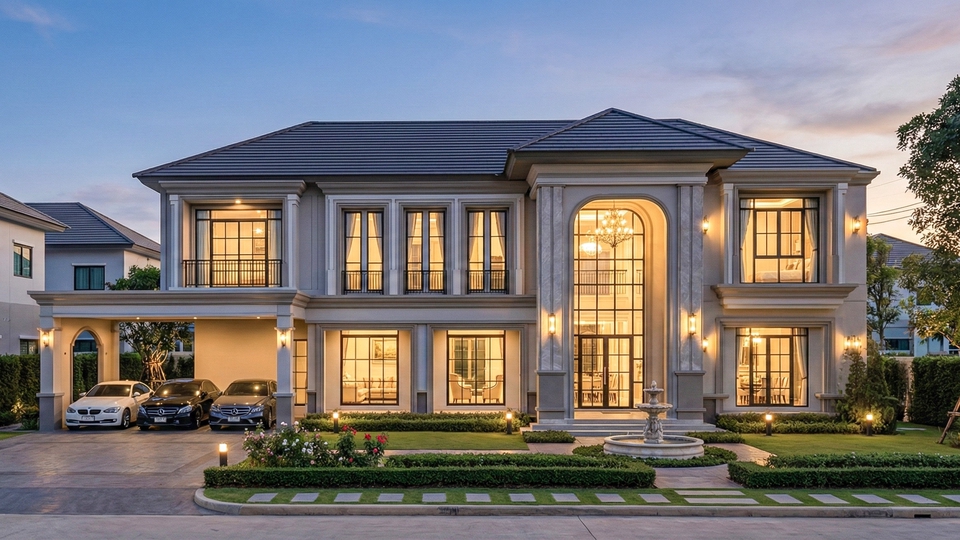 รับออกแบบบ้านสวยหรู สไตล์คลาสสิก พร้อมบริการออกแบบตกแต่งภายในครบวงจร มองเห็นด้านหน้าบ้านมีรถจอดอยู่ บริการรับรีโนเวทบ้าน ออกแบบบ้าน ออกแบบภายใน รับออกแบบตกแต่งภายในบ้านทั่วไทย พร้อมเฟอร์นิเจอร์สวยงาม