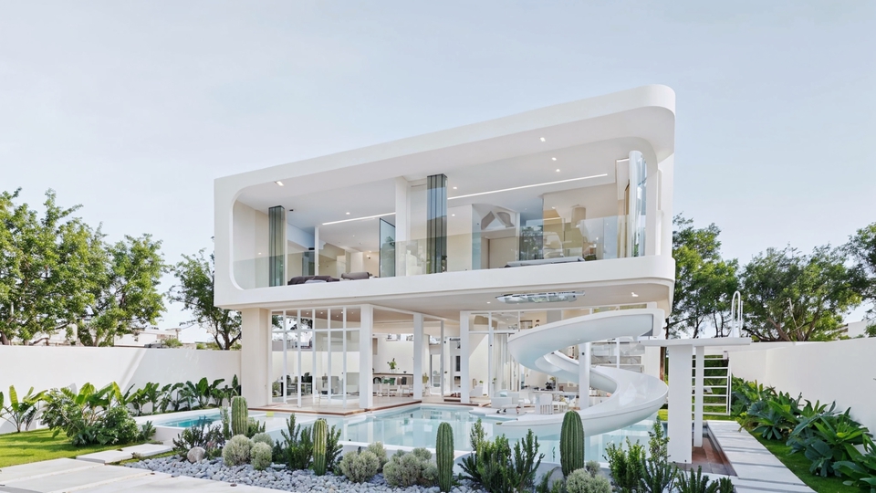 รับออกแบบบ้าน สไตล์โมเดิร์นพร้อมสไลเดอร์ริมสระว่ายน้ำ ออกแบบโดยสถาปนิกและนักออกแบบภายใน รับออกแบบบ้าน ออกแบบตกแต่งภายใน รีโนเวทบ้าน ออกแบบบ้านผู้สูงอายุ บริการออกแบบครบวงจรในไทย