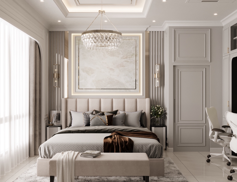 รับออกแบบตกแต่งภายในห้องนอนสไตล์หรูหรา เฟอร์นิเจอร์สวยงาม เตียงนอนขนาดใหญ่ พร้อมผ้าม่านและโคมไฟคริสตัล. รับออกแบบภายใน, ออกแบบห้องนอน, ออกแบบบ้าน, รีโนเวทบ้าน, ตกแต่งภายใน, ออกแบบเฟอร์นิเจอร์, renovate บ้าน.
