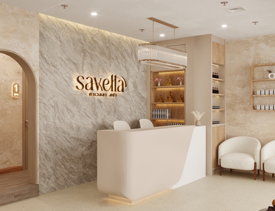 รับออกแบบตกแต่งภายใน สำนักงาน Savella ที่สวยงามทันสมัย เคาน์เตอร์ต้อนรับสีขาวสะอาดตา พร้อมโลโก้ขนาดใหญ่บนผนังหินอ่อน. ออกแบบตกแต่งภายใน, รับออกแบบภายใน, ออกแบบสำนักงาน, ตกแต่งภายใน, renovate สำนักงาน, ออกแบบร้านค้า, ตกแต่งร้าน.