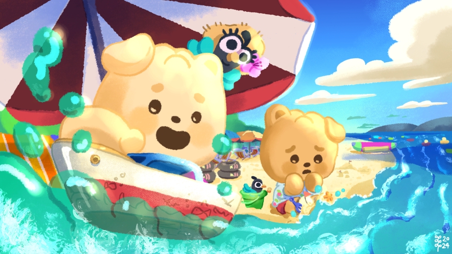 วาดภาพประกอบการ์ตูนน่ารักสไตล์ญี่ปุ่น  ภาพเด็กๆเล่นน้ำทะเล