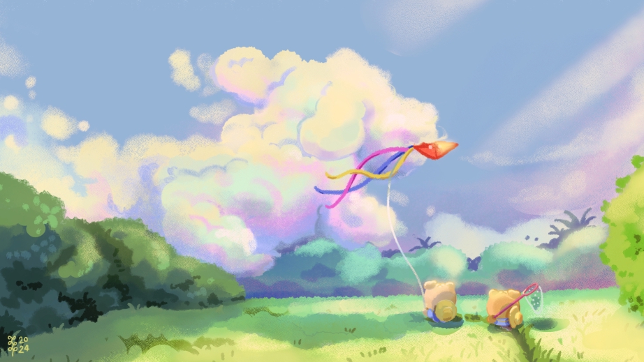 วาดภาพประกอบเด็กเล่นว่าวทุ่งหญ้าสีเขียวสดใส