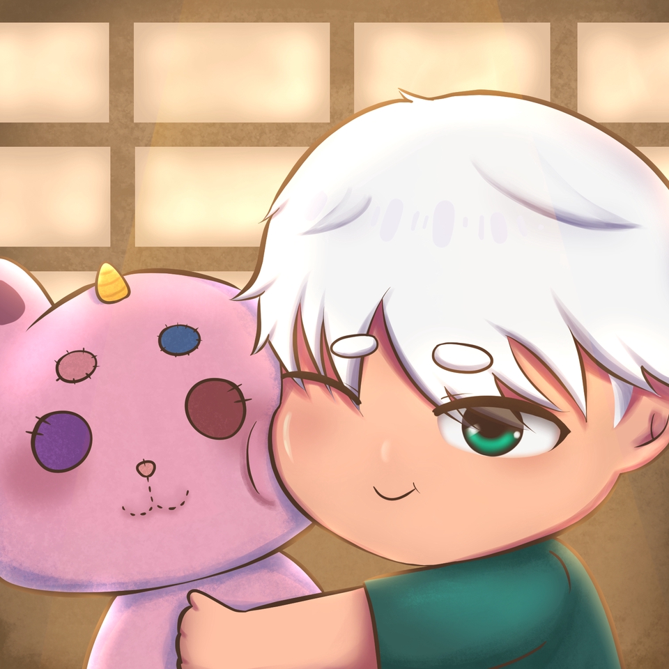รับวาดการ์ตูนน่ารัก สไตล์จิบิ เด็กชายกับตุ๊กตา วาดรูปอนิเมะ
