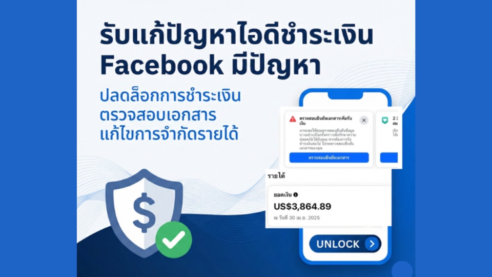 ภาพโฆษณาบริการแก้ไขปัญหาการชำระเงิน Facebook, ปลดล็อกการชำระเงิน, ตรวจสอบเอกสาร, แก้ไขปัญหา, โปรโมทเพจเฟสบุ๊ค, เพิ่มยอดไลค์เพจ, โปรโมทสินค้า, รับโปรโมทเพจ, รับปั้มไลค์เฟส, ปั้มไลค์, ซื้อไลค์เพจ, รับเพิ่มยอดไลค์, โปรโมทเฟสบุ๊ค
