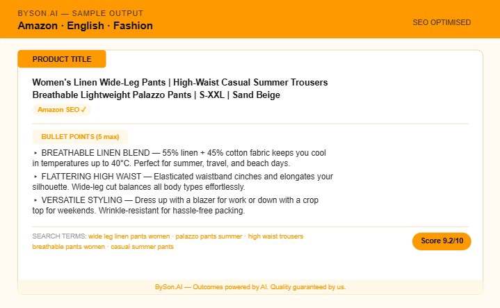 Sample: Amazon fashion listing. Bullet points structured for A9 algorithm. Natural English.