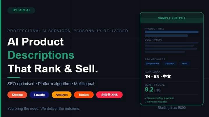 AI product descriptions for Shopee, Lazada, Amazon, Taobao & Xiaohongshu. Thai, English & Chinese.
