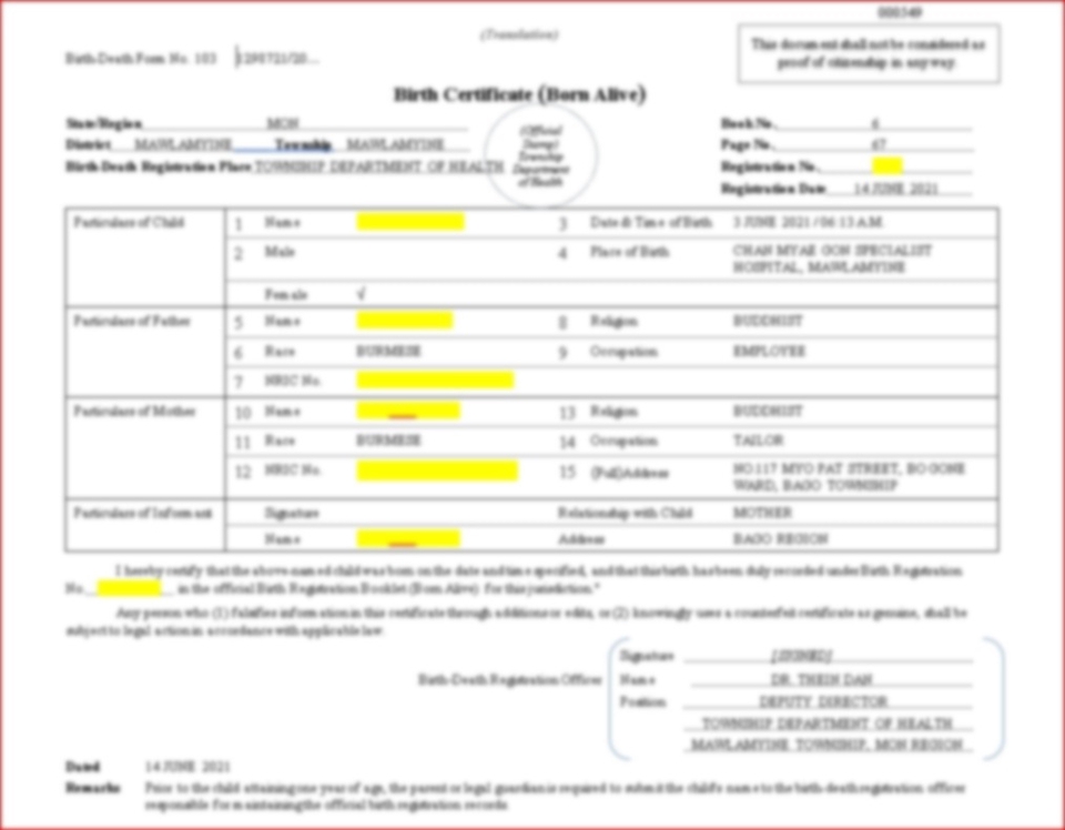 แปลภาษา - แปลเอกสารเกี่ยวกับทะเบียนราษฎร์พม่า เช่น ใบเกิด ทะเบียนบ้าน ทะเบียนสมรส ใบรับรองการศึกษา มรณะบัตรฯลฯ - 2