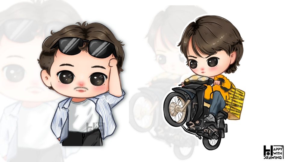 รับวาดรูปการ์ตูน รับวาดการ์ตูนจิบิ น่ารักๆ สไตล์การ์ตูน วาดรูปอนิเมะ ชาย ใส่แว่นกันแดด และวาดการ์ตูนหนุ่มขี่มอเตอร์ไซค์ส่งของ ภาพวาดการ์ตูนสำหรับใช้งานหลากหลายรูปแบบ รับวาดรูปเหมือน การ์ตูนน่ารัก ภาพวาดการ์ตูน
