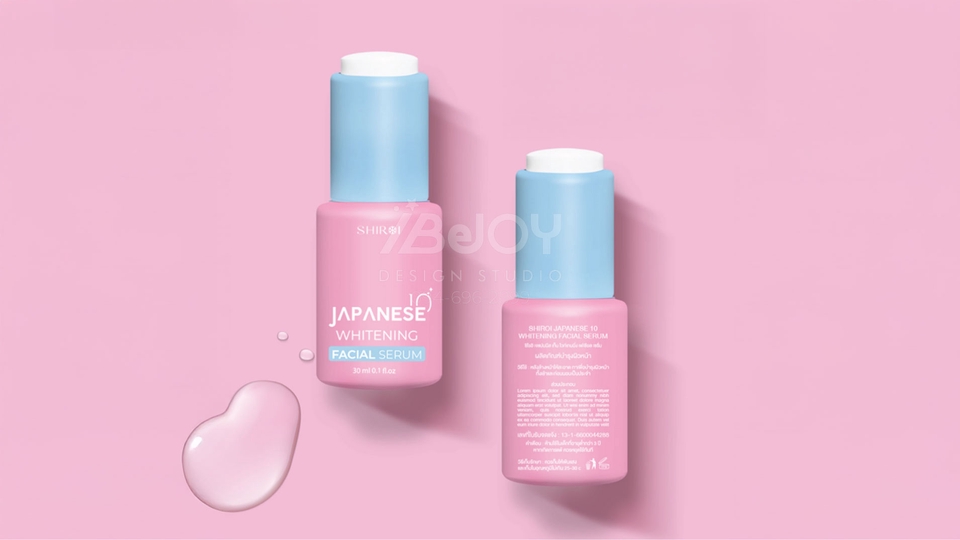 รับทำ 3d สินค้า: ภาพผลิตภัณฑ์เซรั่มบำรุงผิวหน้าสีชมพูสองขวด พร้อมหยดเซรั่ม แสดงให้เห็นผลิตภัณฑ์อย่างชัดเจน เหมาะสำหรับงาน 3d packshot รับปั้นโมเดล 3d เพื่อนำเสนอสินค้าบำรุงผิวสวยใส วัยรุ่นนิยมใช้