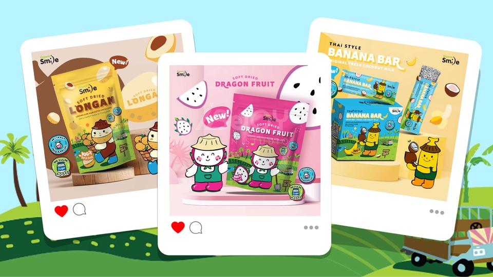 ภาพผลิตภัณฑ์อาหารจากแบรนด์ Smile แสดงบรรจุภัณฑ์ขนมหลายชนิด ได้แก่ ลองกอง, บานาน่าบาร์, และแก้วมังกร สินค้าทั้งหมดนี้ถูกออกแบบเป็น 3 มิติ เพื่อใช้ในการโฆษณา เหมาะสำหรับผู้ที่กำลัง รับทำโมเดลสินค้า 3d หรือ รับทำ 3d model สินค้า เพื่อการตลาด