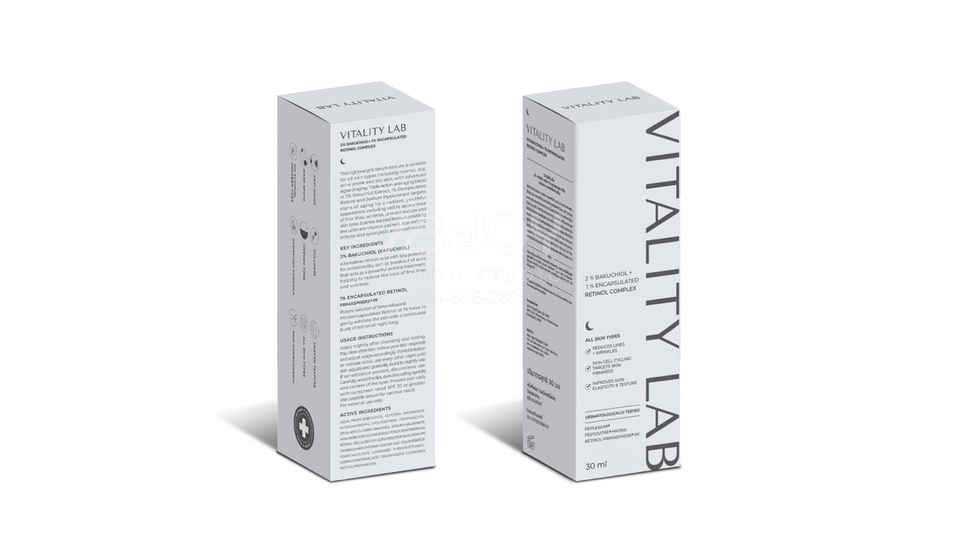 รับปั้นโมเดล 3d สินค้าสำหรับโฆษณา: กล่องผลิตภัณฑ์เสริมอาหาร VITALITY LAB แสดงให้เห็นมุมมองและรายละเอียดต่างๆของผลิตภัณฑ์ พร้อมคำอธิบายข้อมูลสินค้า เหมาะสำหรับนำเสนอสินค้าออนไลน์ ทำ 3d packshot.