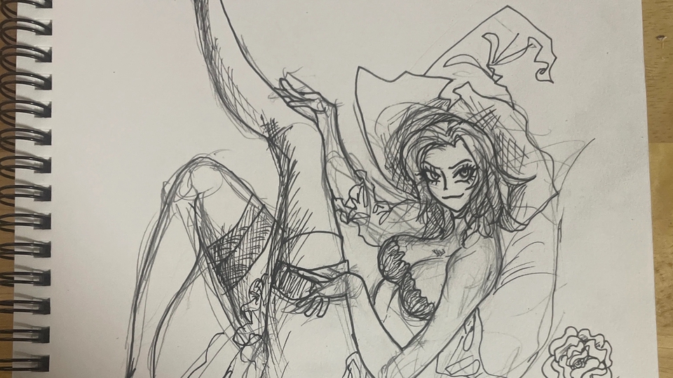 Pinup female character with pigma pen (requested not to delete the pencils sketch)