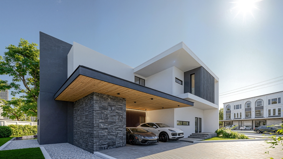 รับเรนเดอร์งาน perspective ออกแบบบ้าน ออกแบบร้าน 3d บ้านสไตล์โมเดิร์น พร้อมจัดสวนสวยงามสมจริง