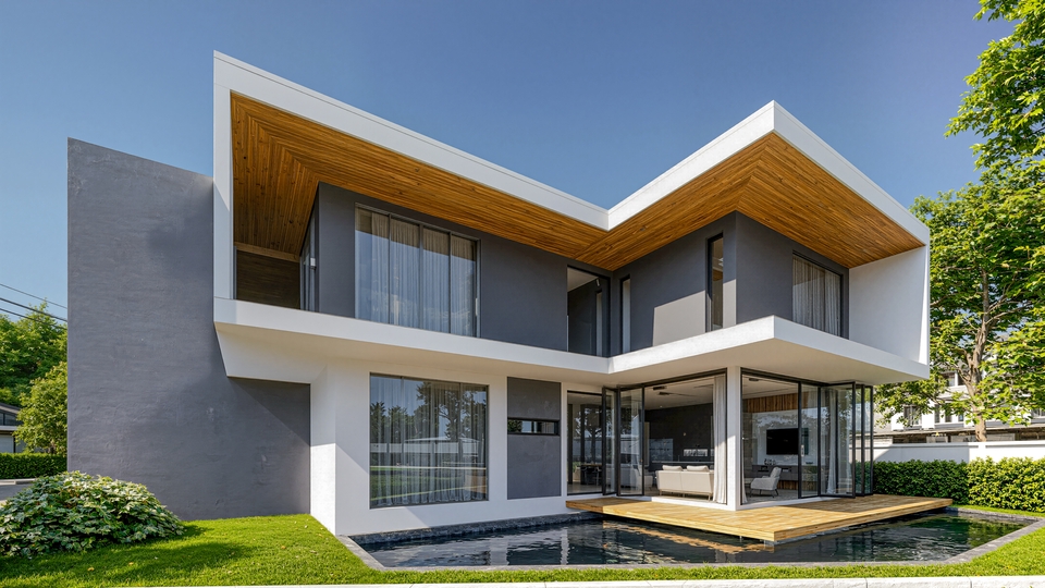รับเรนเดอร์งาน perspective ออกแบบบ้าน ออกแบบร้าน 3d บ้านสไตล์โมเดิร์น พร้อมจัดสวนสวยงามสมจริง