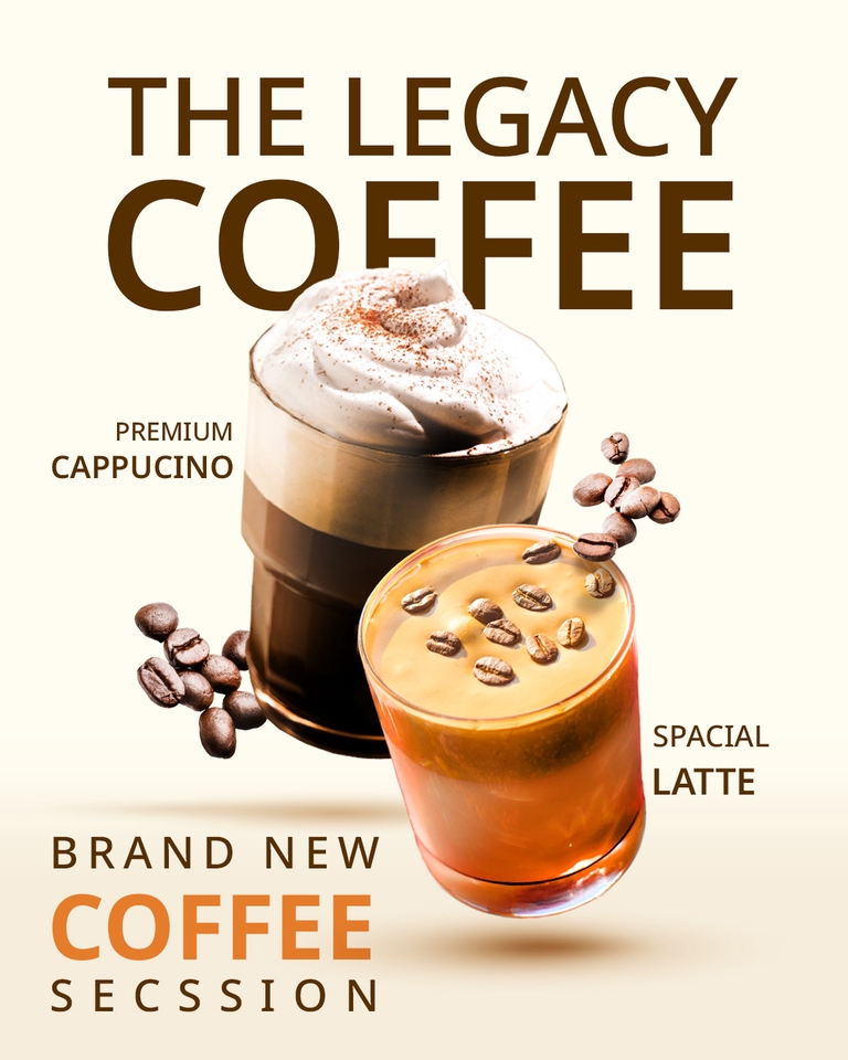 ออกแบบแบนเนอร์เว็บไซต์ โฆษณาเครื่องดื่มกาแฟสุดพรีเมียม, ภาพวาดเครื่องดื่ม Cappuccino และ Latte น่าทาน พร้อมเมล็ดกาแฟ, รับออกแบบแบนเนอร์, โฆษณาบนโซเชียลมีเดีย, ออกแบบ banner, โฆษณาเฟสบุ๊ค