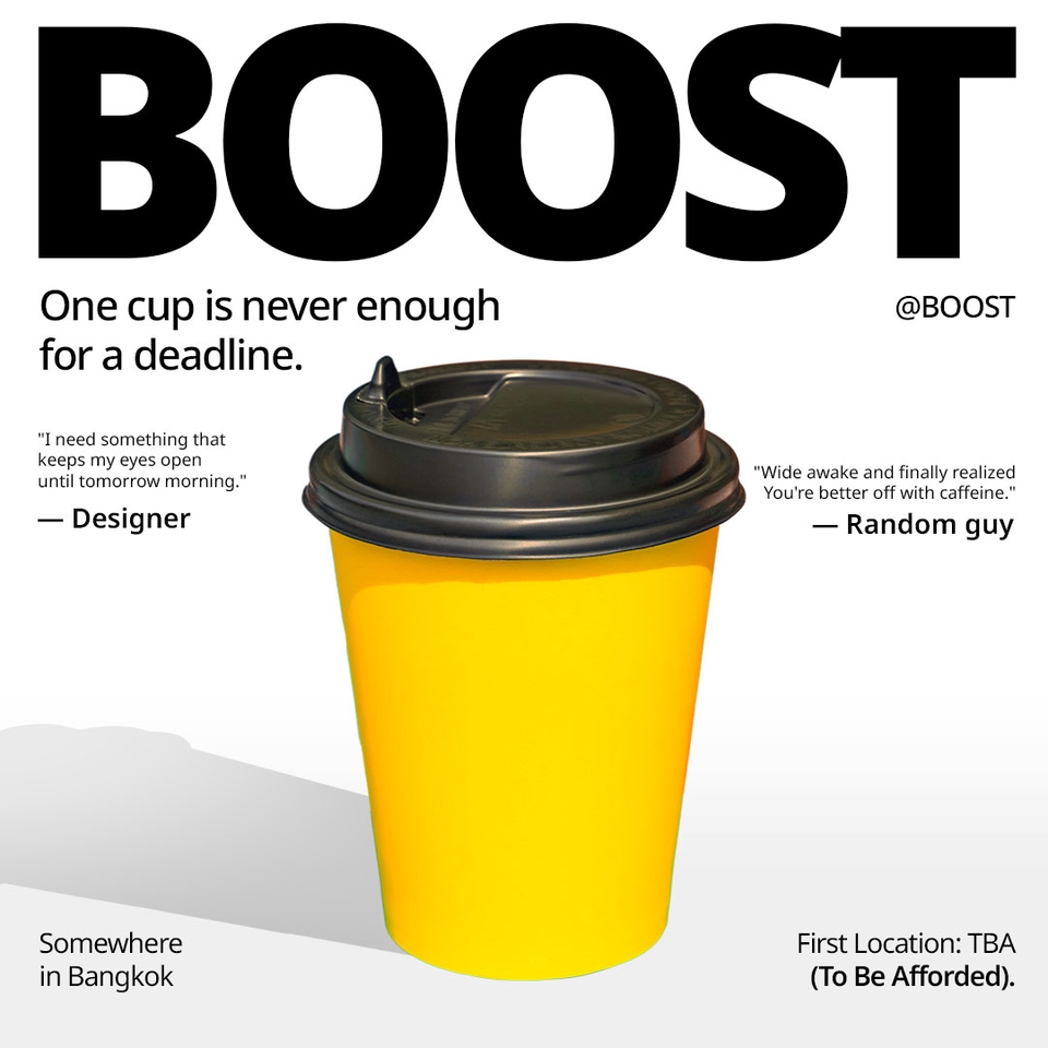 รับออกแบบแบนเนอร์ facebook โฆษณากาแฟพร้อมข้อความ "BOOST" และคำคมเพื่อกระตุ้นให้ลูกค้าใช้บริการออกแบบ banner เฟสบุ๊ค สำหรับโพสต์บนโซเชียลมีเดีย, banner โฆษณา, ออกแบบแบนเนอร์ ออนไลน์, สร้างแบรนด์, กราฟิกดีไซน์.