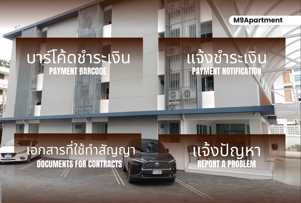 ภาพอาคารพร้อมป้ายข้อความเกี่ยวกับการชำระเงินและการแจ้งปัญหา เหมาะสำหรับผู้ที่ต้องการเรียนพิเศษ