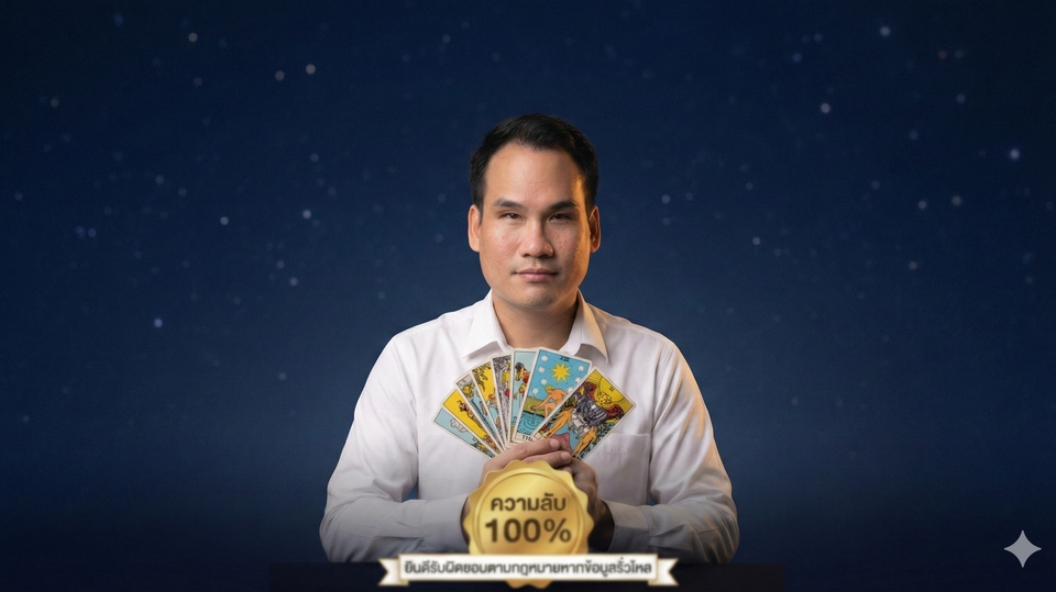 หมอดูไพ่ยิปซีชาย เสื้อเชิ้ตขาว ถือไพ่พัด ฉากกรมท่าดวงดาว มืออาชีพ น่าเชื่อถือ รักษาความลับ 100%