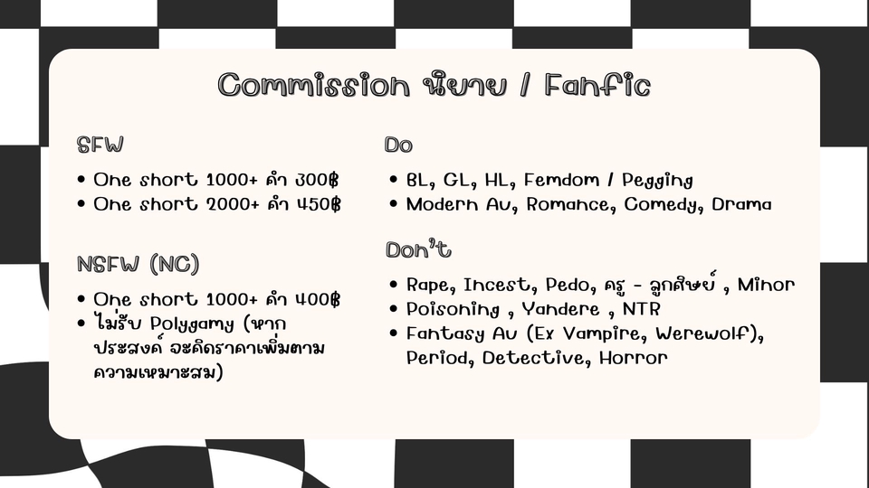 - กรุณาระบุคาแรคเตอร์ของตัวละครให้ชัดเจน
- แก้งานได้ 2 ครั้ง