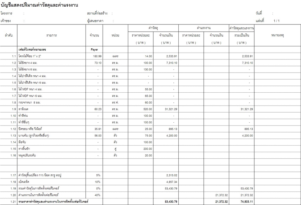 ตัวอย่าง BOQ งานบิ้วอิน