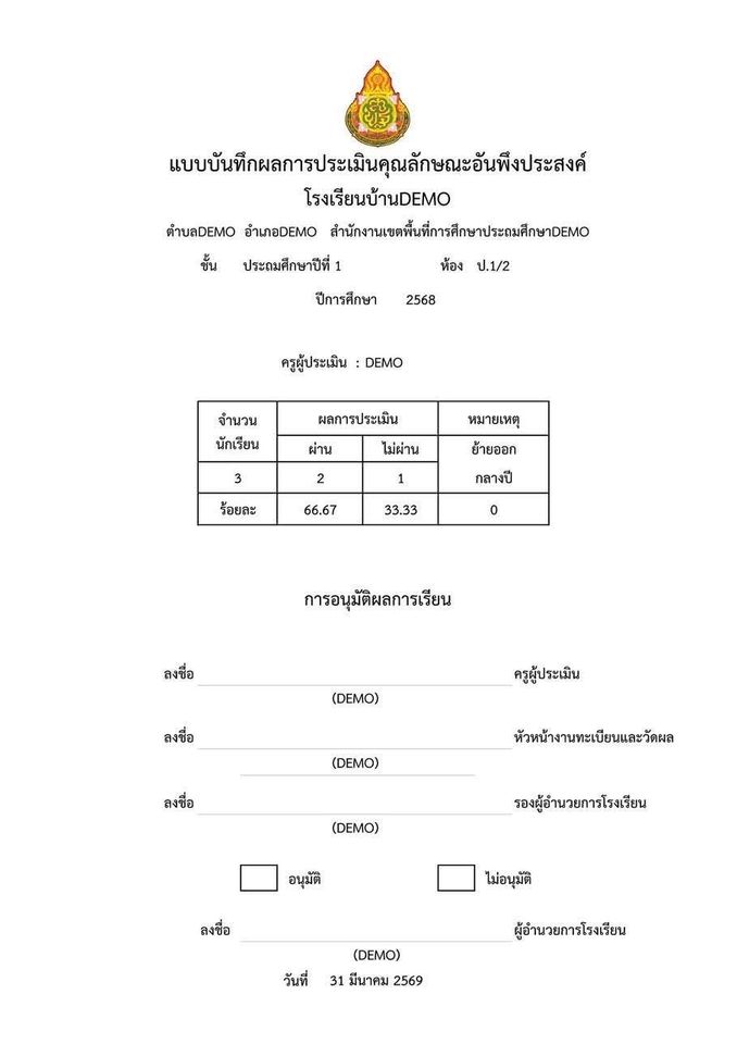 ตัวอย่างหน้าปกประเมินคุณลักษณะอันพึงประสงค์ ป.ต้น หลักสูตร 2568