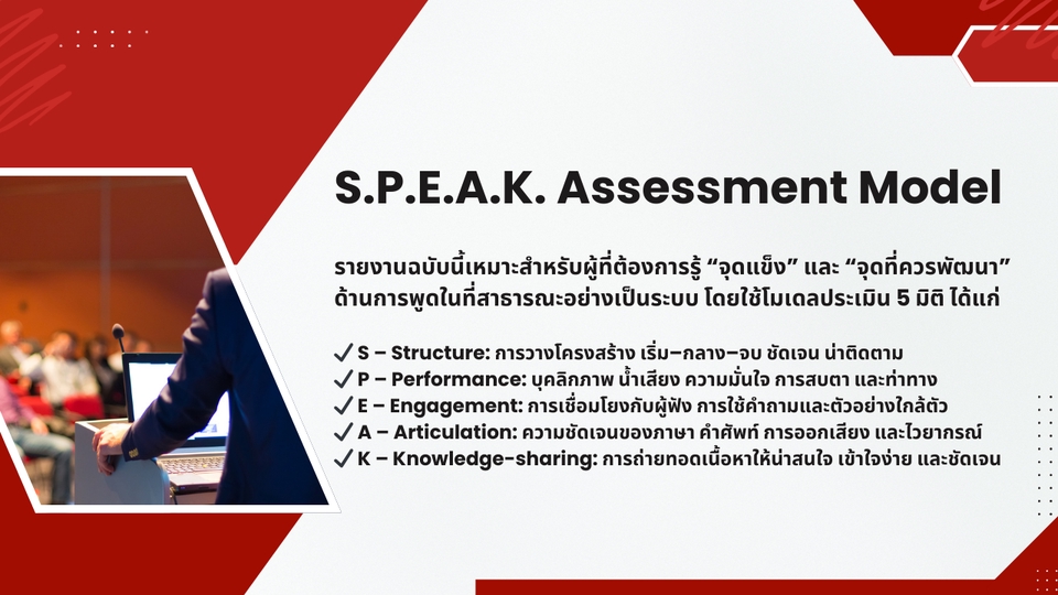 พัฒนาตนเอง - รับทำรายงานประเมินศักยภาพการพูดในที่สาธารณะด้วย S.P.E.A.K. Assessment Model โดย SPEAK SPARK - 6