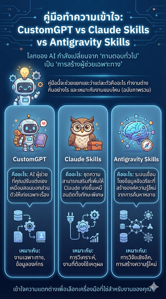 รับทำพรีเซนเทชั่น: คู่มือเปรียบเทียบ CustomGPT, Claude Skills, และ Antigravity Skills