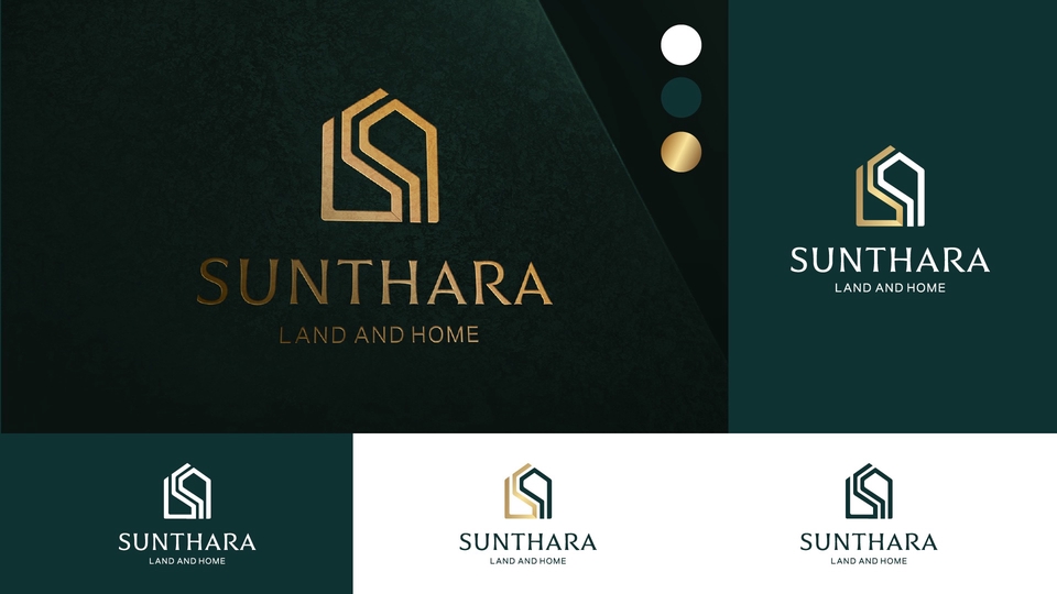 รับออกแบบโลโก้ รับทำโลโก้สวยๆ สำหรับธุรกิจอสังหาริมทรัพย์ โลโก้เรียบหรูสีทองบนพื้นหลังสีเขียวเข้ม 