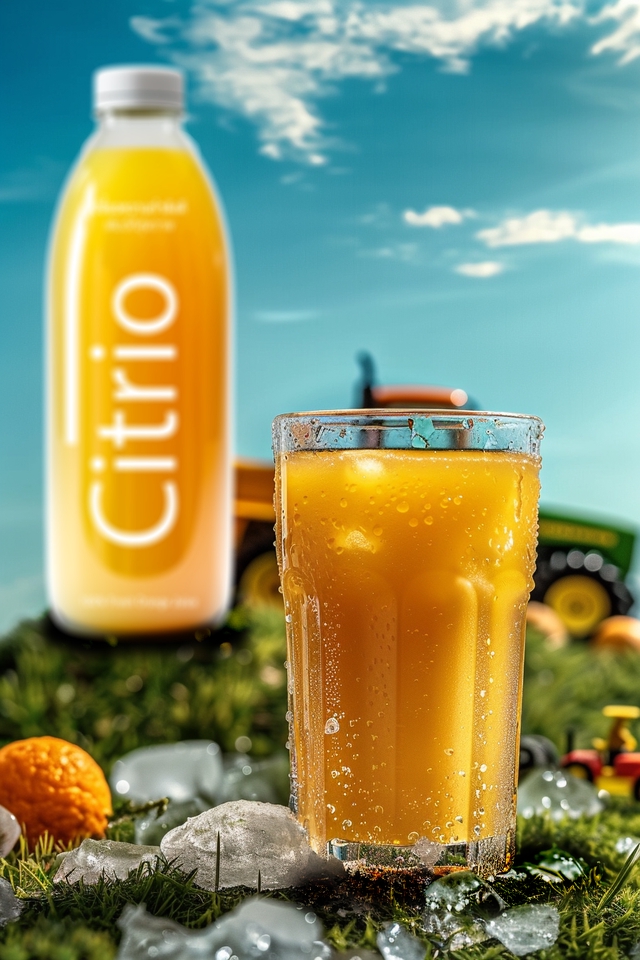 เจนภาพโฆษณา AI น้ำส้มสีสดใส แก้วเย็นชื่นใจ เหมาะกับโฆษณาสินค้าเครื่องดื่มและวิตามินซี