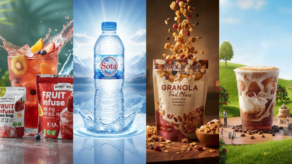 เจนภาพโฆษณา AI เครื่องดื่ม ขนม และสินค้า ความละเอียดสูง เหมาะสำหรับใช้โปรโมทแบรนด์และโซเชียลมีเดีย