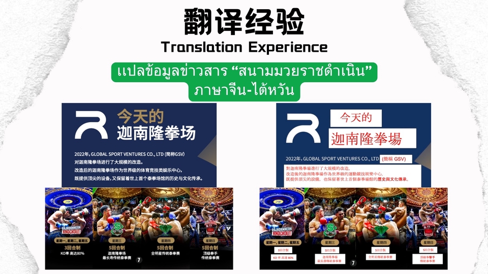 เเปลข้อมูลข่าวสาร “สนามมวยราชดำเนิน”
ภาษาจีน-ไต้หวัน