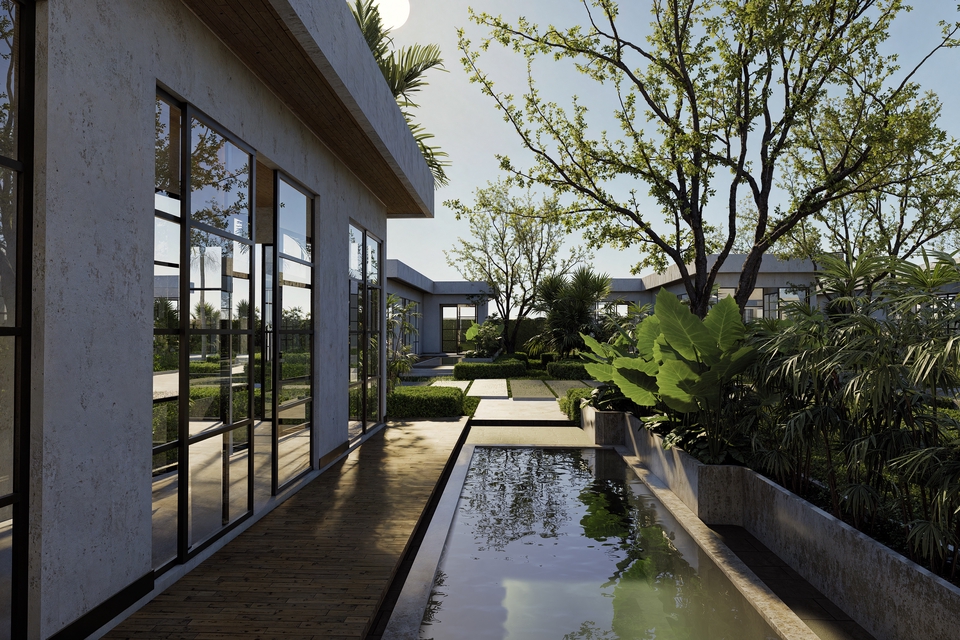 รับออกแบบภูมิทัศน์สไตล์โมเดิร์น จัดสวนสวย มีสระน้ำ ออกแบบสวน