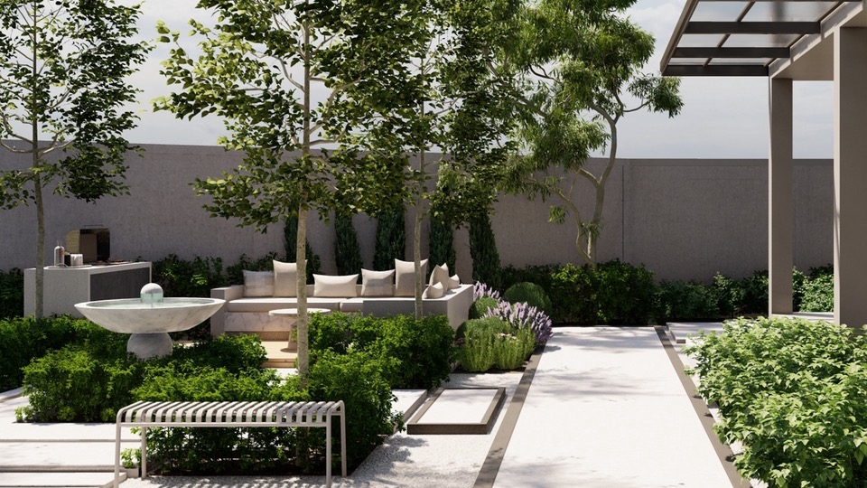 รับออกแบบสวนและจัดสวนสวยสไตล์โมเดิร์น บ้านพักอาศัย