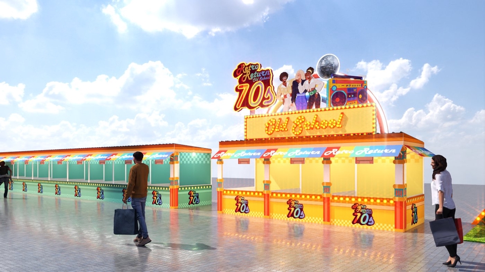 รับออกแบบบูธ 70s โมเดิร์น ออกแบบตกแต่งภายในงานอีเว้นท์