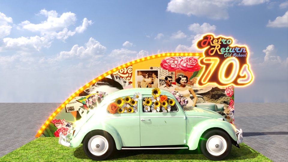 รับออกแบบบูธ 70s ย้อนยุค รถโฟล์ค ตกแต่งภายใน