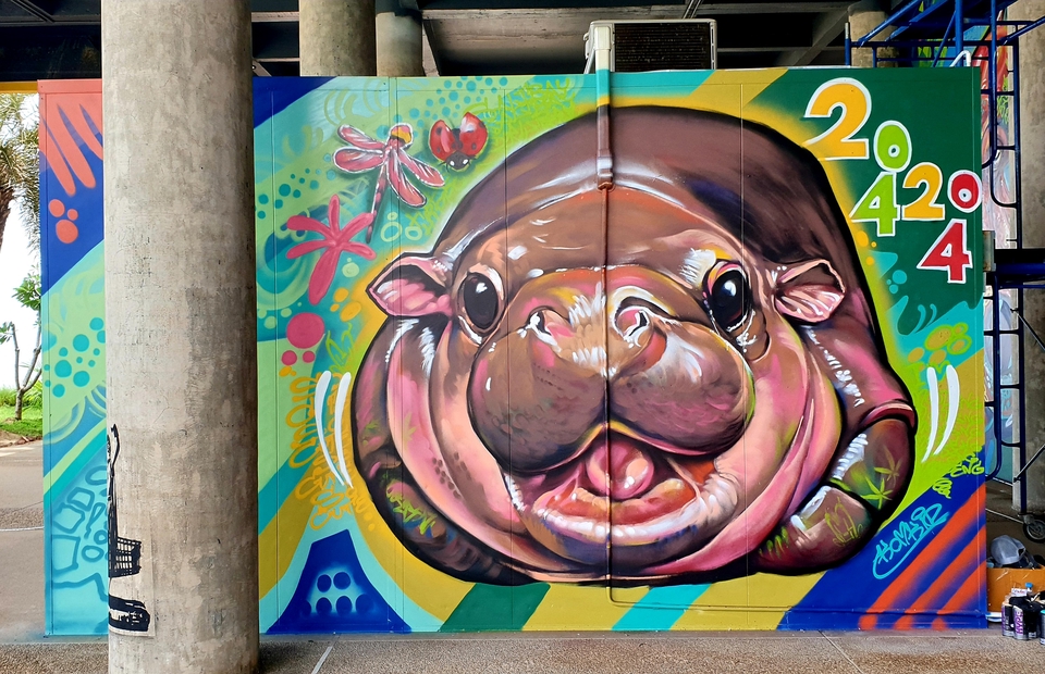 รับเพ้นท์ผนังภาพฮิปโปน่ารัก สีสันสดใส เพ้นท์กําแพง