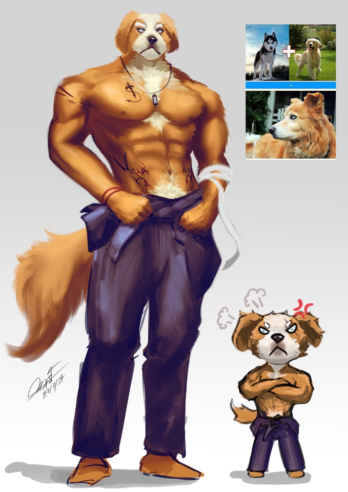 ออกแบบตัวละครผู้ชายกล้ามโตสไตล์การ์ตูนจากรูปสัตว์เลี้ยง