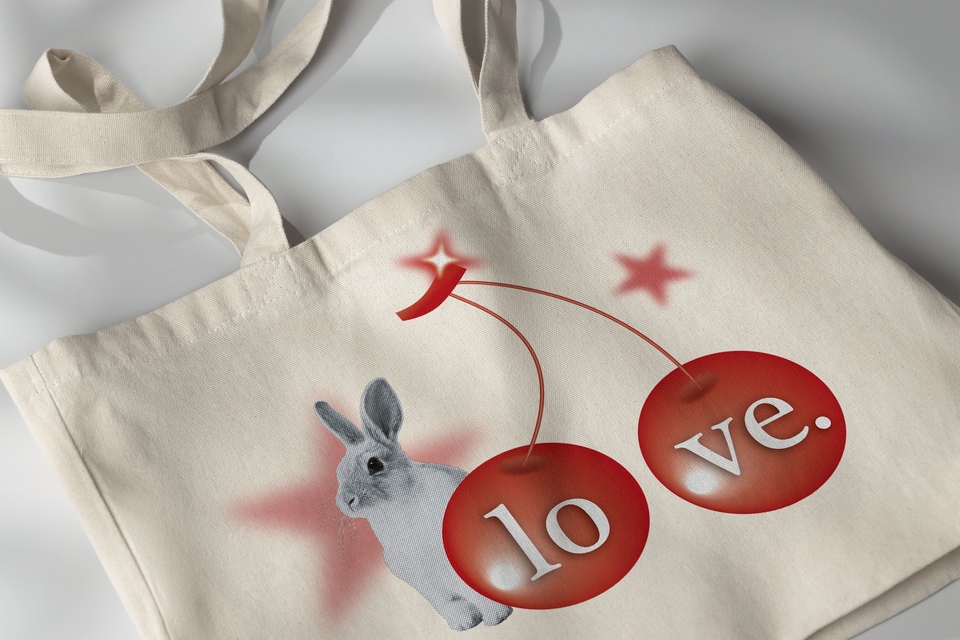 ออกแบบกระเป๋าผ้าโทนสีครีมลายกระต่ายและเชอร์รี่คำว่าLOVE