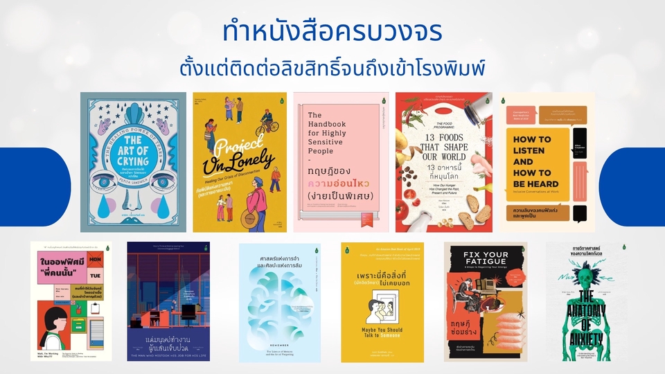 ทำหนังสือครบวงจร ติดต่อนักเขียน นักแปล คนทำปกและจัดหน้า  พิสูจน์อักษรลิขสิทธิ์ต่างประเทศ โรงพิมพ์