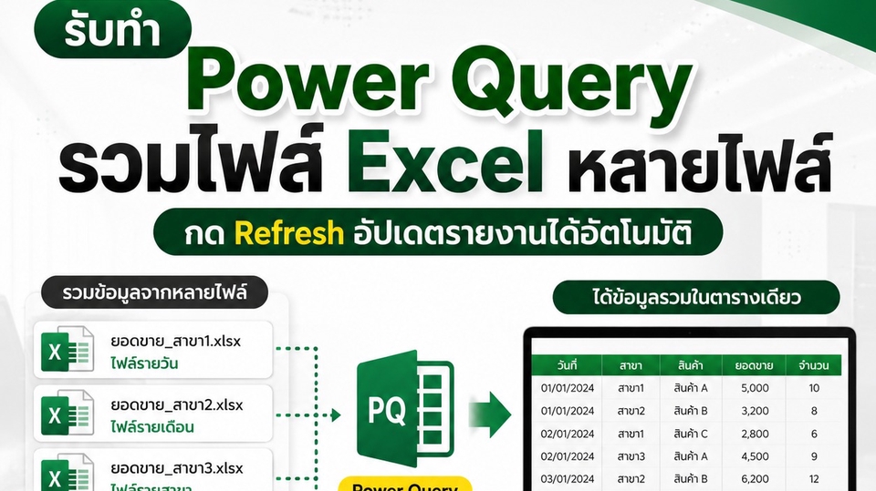รับทำ Power Query รวมไฟล์ Excel หลายไฟล์ กด Refresh อัปเดตอัตโนมัติ พร้อมทำ Report