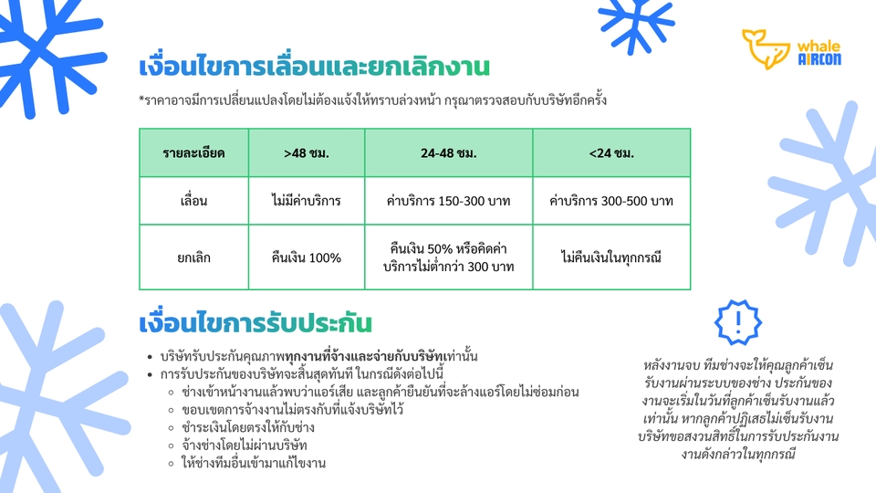 เงื่อนไขการยกเลิกและการรับประกัน บริการล้างแอร์