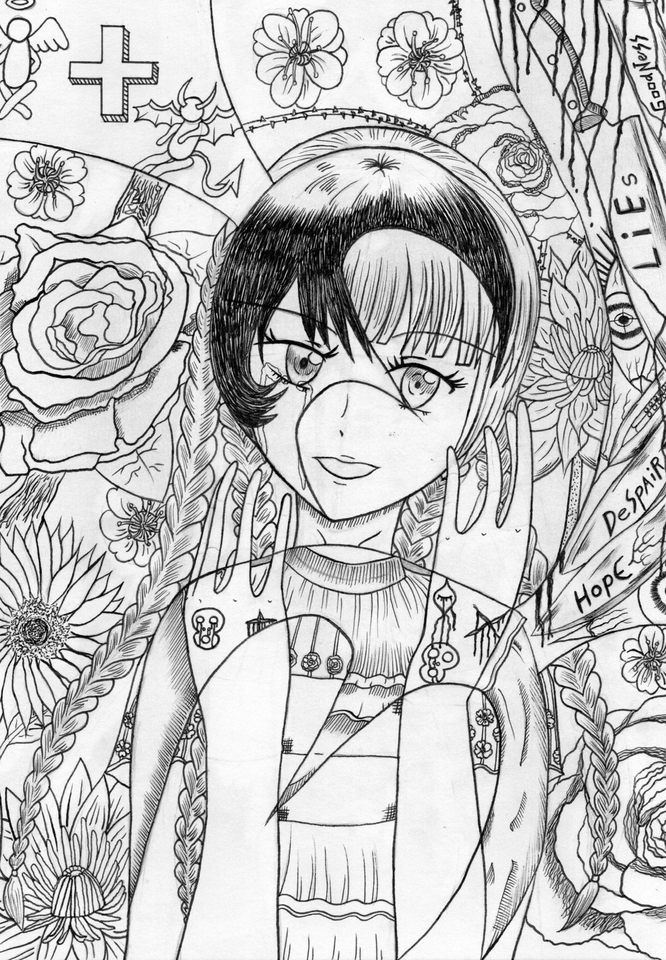 ออกแบบตัวละคร ดีไซน์ตัวการ์ตูนสไตล์ญี่ปุ่น คาแรคเตอร์สาวผมทูโทนสวยงามพร้อมดอกไม้รอบข้าง